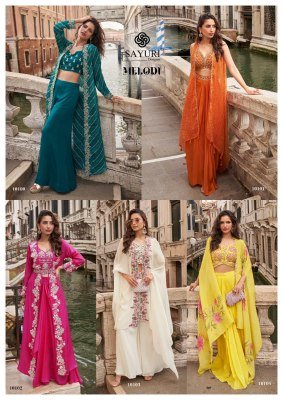 Sayuri Designer Melodi Catalog Premium Chinon Silk Jacquard Readymade Suit Shrug Set Embroidered Blouse And Palazzo Festive Wear Wholesale readymade suit catalogs