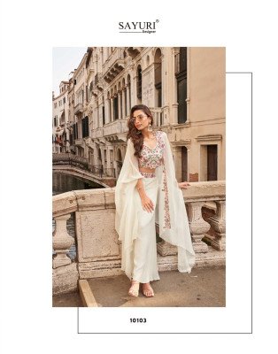 Sayuri Designer Melodi Catalog Premium Chinon Silk Jacquard Readymade Suit Shrug Set Embroidered Blouse And Palazzo Festive Wear Wholesale readymade suit catalogs
