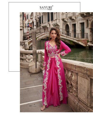 Sayuri Designer Melodi Catalog Premium Chinon Silk Jacquard Readymade Suit Shrug Set Embroidered Blouse And Palazzo Festive Wear Wholesale readymade suit catalogs