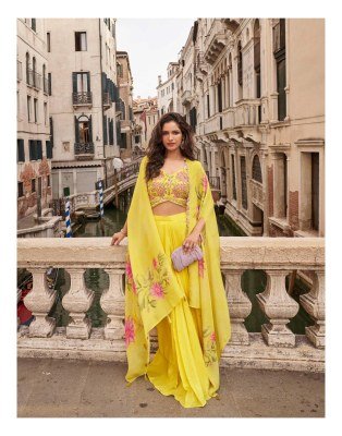 Sayuri Designer Melodi Catalog Premium Chinon Silk Jacquard Readymade Suit Shrug Set Embroidered Blouse And Palazzo Festive Wear Wholesale readymade suit catalogs