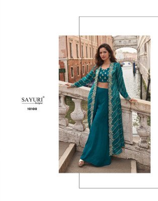Sayuri Designer Melodi Catalog Premium Chinon Silk Jacquard Readymade Suit Shrug Set Embroidered Blouse And Palazzo Festive Wear Wholesale readymade suit catalogs