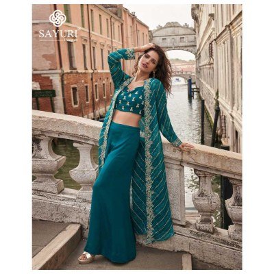 Sayuri Designer Melodi Catalog Premium Chinon Silk Jacquard Readymade Suit Shrug Set Embroidered Blouse And Palazzo Festive Wear Wholesale readymade suit catalogs