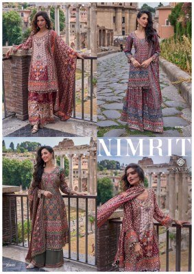 Sayuri Designer NIMRIT 3-Piece Crepe Silk Printed Top Palazzo Dupatta Set Fancy Palazzo suit catalogue