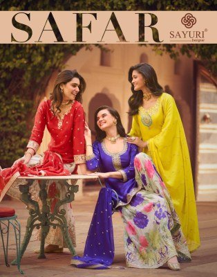 Sayuri Designer Safar Readymade suit Catalog Premium Chinon Silk 3 Piece Set Embroidered Top Sharara And Dupatta Festive Wear Wholesale readymade suit catalogs