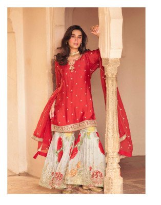 Sayuri Designer Safar Readymade suit Catalog Premium Chinon Silk 3 Piece Set Embroidered Top Sharara And Dupatta Festive Wear Wholesale readymade suit catalogs