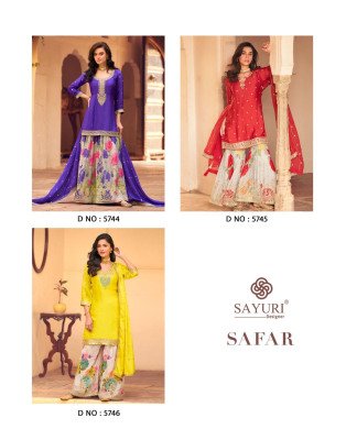 Sayuri Designer Safar Readymade suit Catalog Premium Chinon Silk 3 Piece Set Embroidered Top Sharara And Dupatta Festive Wear Wholesale readymade suit catalogs
