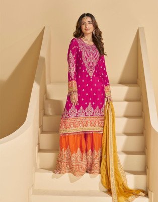 Sayuri Designer Sundari Chinon Silk Sharara Set  Embroidered Mirror Work Suit with Dupatta And Wholsale readymade suit catalogs