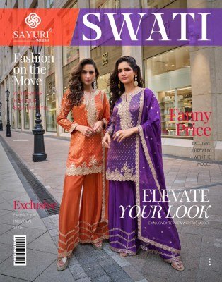 Sayuri Designer Swati Kurti Catalog Pure Viscos Simar Jacquard Silk Embroidered Top with Plazzo Sharara And Dupatta Wholesale Sayuri designer 