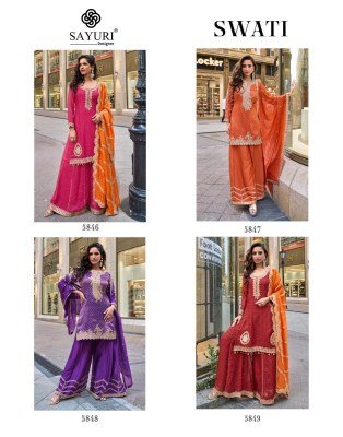 Sayuri Designer Swati Pure Viscos Simar Jacquard Silk Embroidered Kurti Set with Plazzo Sharara And Dupatta Wholsale kurti pant with dupatta Catalogs
