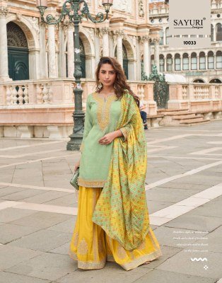 Sayuri Designer Taj Catalog Premium Real Simar Silk And Chinon Embroidered Sharara Set Wholesale Festive Wear readymade suit catalogs