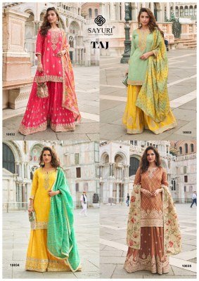 Sayuri Designer Taj Catalog Premium Real Simar Silk And Chinon Embroidered Sharara Set Wholesale Festive Wear readymade suit catalogs