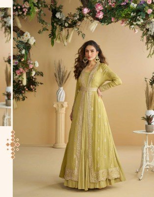 Sayuri Designer Tulip Premium Chinon Silk Embroidered Shrug And Gown Set with Belt Wholesale gown catalogs