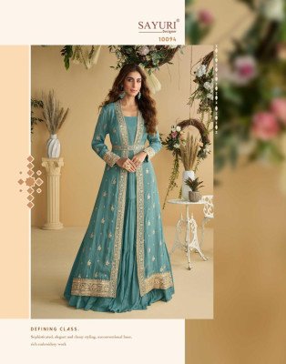 Sayuri Designer Tulip Premium Chinon Silk Embroidered Shrug And Gown Set with Belt Wholesale gown catalogs