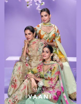 Sayuri Vaani Designer Premium Chinon Silk Heavy Embroidered Suit with Hand Mirror Work  Plazzo And Net Dupatta Wholesale Sayuri designer 