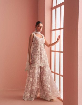 Sayuri Verona Designer Collection Premium Net Halter Neck Embroidered Top with Palazzo and Dupatta Wholesale readymade suit catalogs