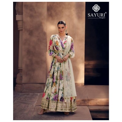 Sayuri designer by Kesar real georgette embroidered printed gown with dupatta catalogue at low rate gown catalogs