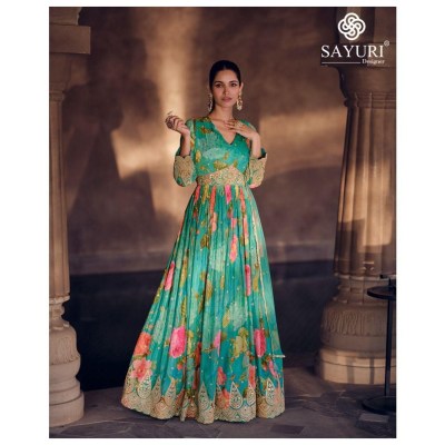 Sayuri designer by Kesar real georgette embroidered printed gown with dupatta catalogue at low rate gown catalogs