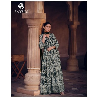 Sayuri designer by Kesar real georgette embroidered printed gown with dupatta catalogue at low rate gown catalogs