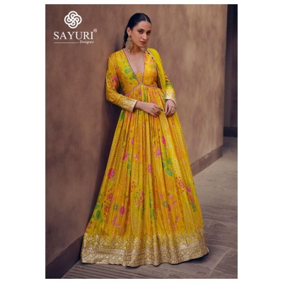 Sayuri designer by Kesar real georgette embroidered printed gown with dupatta catalogue at low rate gown catalogs