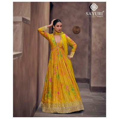 Sayuri designer by Kesar real georgette embroidered printed gown with dupatta catalogue at low rate gown catalogs