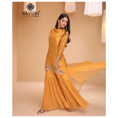 Sayuri designer present chandni exclusive pure organza silk free size sharara suit catalogue at amaviexpo readymade suit catalogs