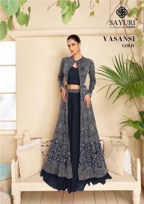 Sayuri present Vasansi Gold designer lehenga choli with long shrug catalogue  lehenga choli catalogs