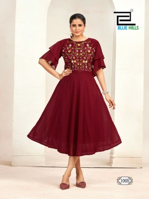 Sensations by Blue hills Unique Double layer Sleeves pattern gown in 6 colors flared kurti catalogue with low budget wholesale catalogs