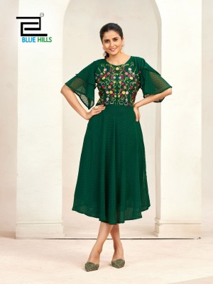 Sensations by Blue hills Unique Double layer Sleeves pattern gown in 6 colors flared kurti catalogue with low budget kurtis catalogs