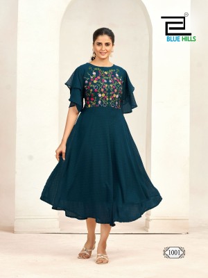 Sensations by Blue hills Unique Double layer Sleeves pattern gown in 6 colors flared kurti catalogue with low budget kurtis catalogs