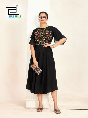 Sensations by Blue hills Unique Double layer Sleeves pattern gown in 6 colors flared kurti catalogue with low budget kurtis catalogs