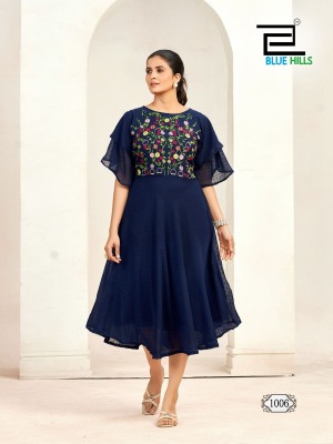 Sensations by Blue hills Unique Double layer Sleeves pattern gown in 6 colors flared kurti catalogue with low budget kurtis catalogs