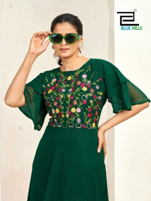 Sensations by Blue hills Unique Double layer Sleeves pattern gown in 6 colors flared kurti catalogue with low budget kurtis catalogs