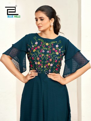 Sensations by Blue hills Unique Double layer Sleeves pattern gown in 6 colors flared kurti catalogue with low budget kurtis catalogs