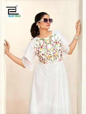 Sensations by Blue hills Unique Double layer Sleeves pattern gown in 6 colors flared kurti catalogue with low budget kurtis catalogs