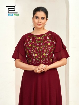 Sensations by Blue hills Unique Double layer Sleeves pattern gown in 6 colors flared kurti catalogue with low budget kurtis catalogs