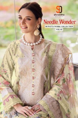 Sharaddha Designer Needle Wonder Vol 03 Unstitched Pure Cotton Embroidered Top  Solid Cotton Bottom And Cotton Chiffon Embroidery Dupatta Wholesale  dress material catalogs