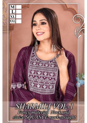 Sharmili vol 1 newly lunch fancy neck sluize sequence work kurti catalog at affordable price Amavi
