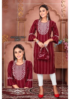 Sharmili vol 1 newly lunch fancy neck sluize sequence work kurti catalog at affordable price kurtis catalogs