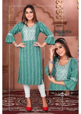 Sharmili vol 1 newly lunch fancy neck sluize sequence work kurti catalog at affordable price kurtis catalogs