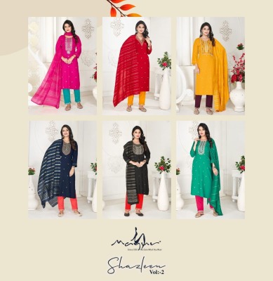 Shazleen vol 2 by manav heavy reyon embroidered readymade suit catlogue at affordable rate readymade suit catalogs
