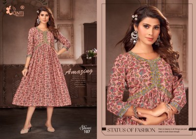 Shivani by Kinti heavy reyon print embroidered flared kurti catalogue at low rate  kurtis catalogs