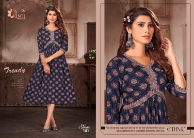 Shivani by Kinti heavy reyon print embroidered flared kurti catalogue at low rate  kurtis catalogs