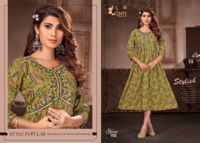 Shivani by Kinti heavy reyon print embroidered flared kurti catalogue at low rate  kurtis catalogs