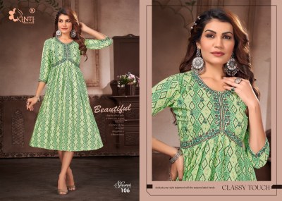 Shivani by Kinti heavy reyon print embroidered flared kurti catalogue at low rate  kurtis catalogs