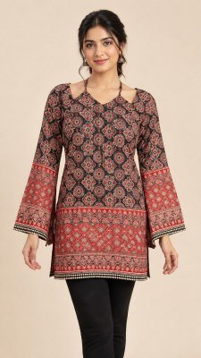 Short Kurti Collection Cotton Border Pattern W-Neck Bell Sleeves with Back Dori wholesale catalogs