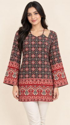 Short Kurti Collection Cotton Border Pattern W-Neck Bell Sleeves with Back Dori Size wise Combo Set