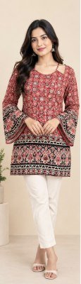 Short Kurti Collection Cotton Border Pattern W-Neck Bell Sleeves with Back Dori Size wise Combo Set