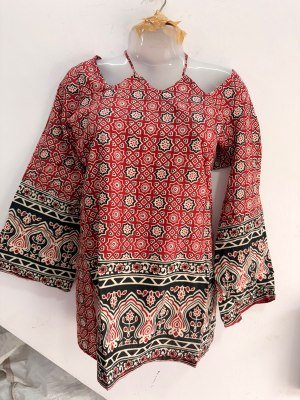 Short Kurti Collection Cotton Border Pattern W-Neck Bell Sleeves with Back Dori Size wise Combo Set