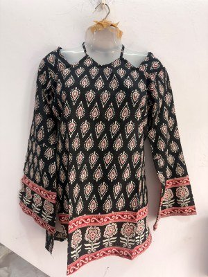 Short Kurti Collection Cotton Border Pattern W-Neck Bell Sleeves with Back Dori Size wise Combo Set
