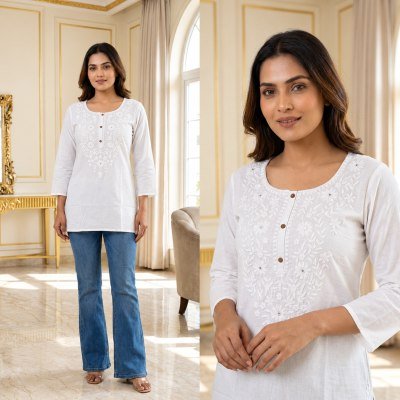 Short Top Collection Cotton Flex Embroidery Work Kurti Size wise Combo Set